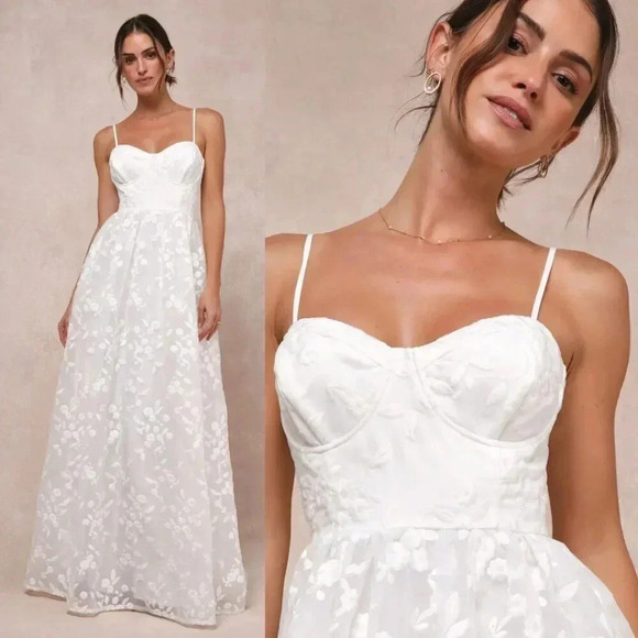 S - NWOT Lulus Ethereal Perfection White Organza Embroidered Bustier Maxi Dress - Picture 1 of 8
